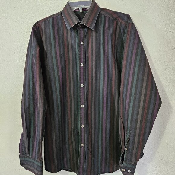 BUGATCHI MEN'S CLASSIC FIT PURPLE BLACK DARK STRIPE SHIRT SZ M - Picture 1 of 7